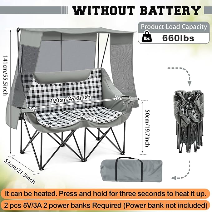 Double Camping Chair with Canopy Shade Oversized Folding Loveseat with Roof, 660lbs Heavy Duty Outdoor Lawn Chair with Holders Pocket for Camping, Fishing (Heating Zones for Cool Evenings)(Gray Plaid)