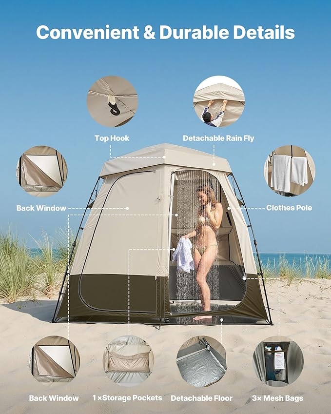 VEVOR Camping Shower Tent, 2-Room Foldable Privacy Tent Changing Room with Ground Stakes, Ropes, Carry Bag, and Crossbar, 150D Oxford Fabric with Silver Coating, for Camping, Beach, and Fishing