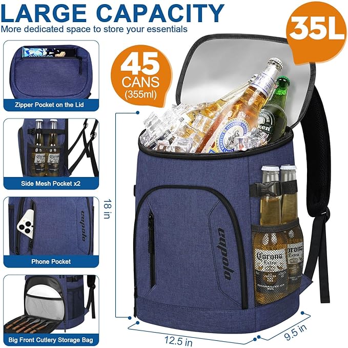 Capolo Cooler Backpack for Men Women Insulated Backpack Cooler Leak Proof Thermal Bag Beverage Soft Cooler Bag Lunch Backpack for Camping 30/45 Cans