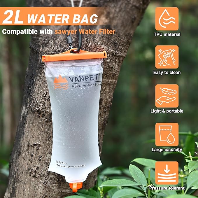 Upgrade Water Bag 2L Compatible with Sawyer Squeeze Water Filter, Durable TPU Material, BPA & PVC Free Squeeze Pouch, Collapsible Hydration Canteens for Camping Hiking Cycling (1 Pc)