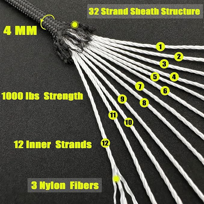 VVAAGG 1000 Black Paracord Rope 100FT Utility Nylon Heavy Duty 12 Strand Parachute Cord for Camping, Tent, Clothsline, Outdoor Hiking, Fishing, Survival Braceletand, Weatherproof Rope (100FT)