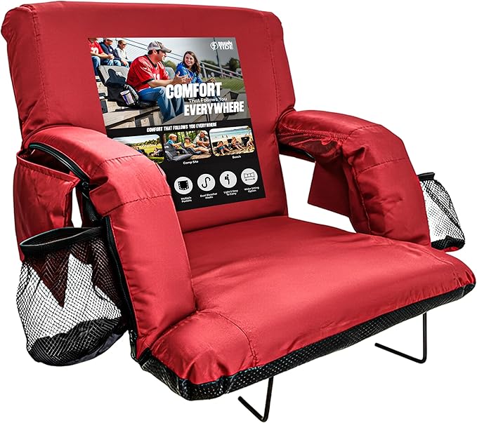 BRAWNTIDE Stadium Seat for Bleachers with Back Support - Wide Padded Reclining Bleacher Seat, Portable Folding Stadium Chair with Armrests, Hooks, Straps, Cup Holders & Pockets for Games & Concerts