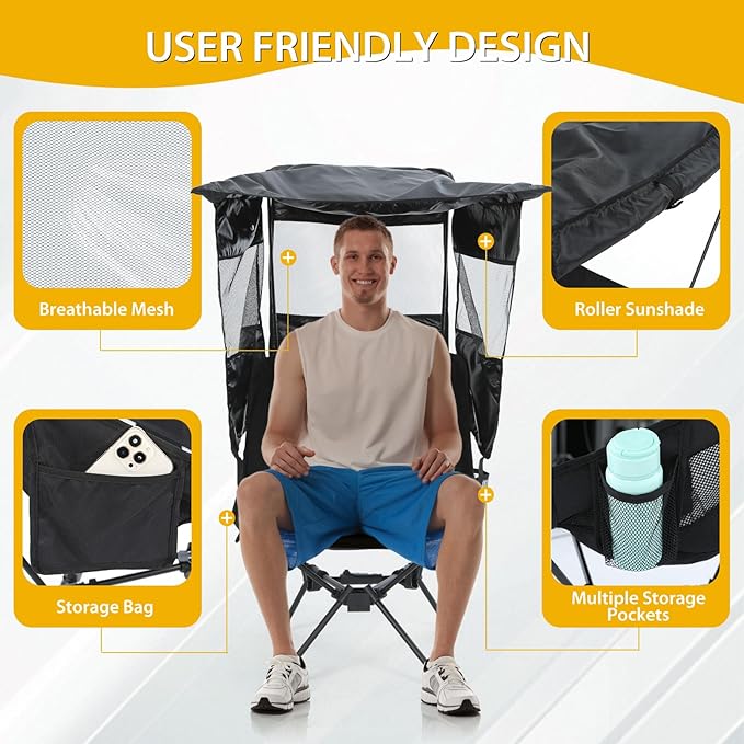 Nice C Camping Chair with Canopy, Compact Chair with Shade, Ultralight Umbrella Fishing Chairs, Portable Backpack Chairs, Lightweight, Travel, Picnic, Festival, Hiking, Sports (2 Pack Black)