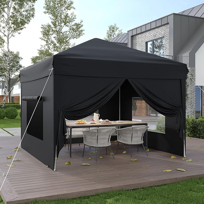 10x10 Pop Up Canopy Tent with 4 SideWalls, Easy Up Canopy with 3 Adjustable Height, Outdoor Sun Shade with 4 Sandbags & Carrying Bag for Camping, Parties,Outdoor Events-Black