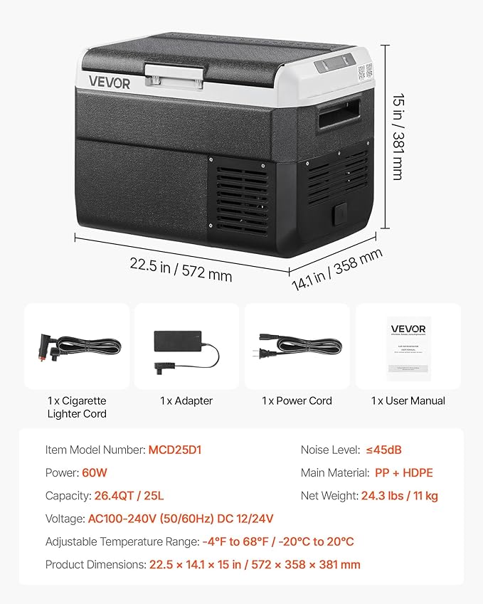 VEVOR 12 Volt Car Refrigerator, 26.4QT/25L Car Fridge, Portable Electric Cooler with -4℉~68℉ Adjustable Temperature, 12/24V DC and 100-240V AC Compressor Freezer for Outdoor, Camping, Travel, RV