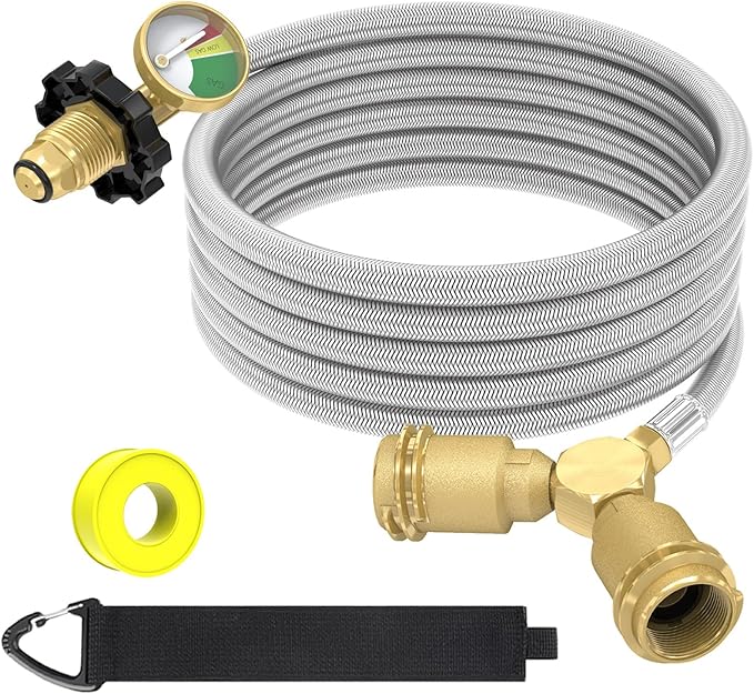 12FT Propane Hose with Propane Splitter 2 Way POL Tank Connector, Propane Y Splitter Adapter with Shut Off Valve, 2-Way LP Gas Adapter Tee Connector for 100lb Propane Tank,Heater,Camping Stove,Burner