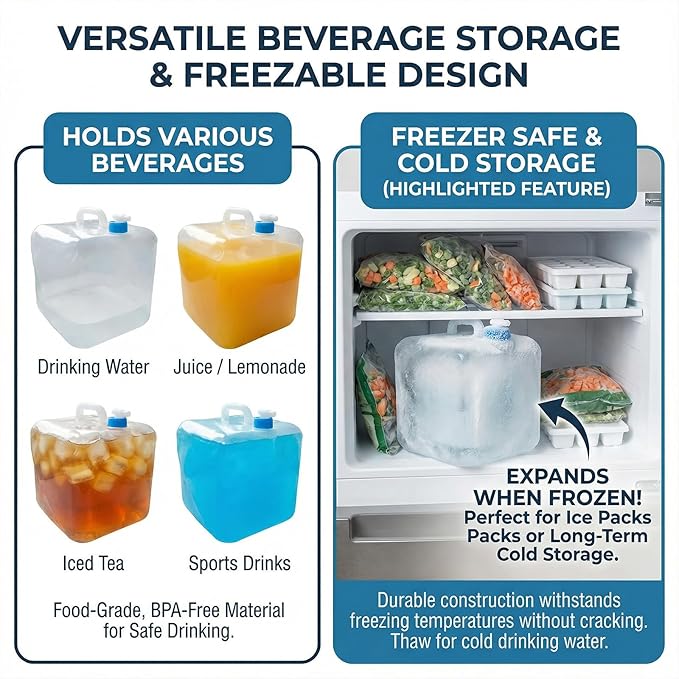 3-Pack 5.3 Gallon (20L) Collapsible Water Containers with Spigot - Food Grade PE Water Jug - Leak-Proof Water Storage Bag for Camping, Hiking & Emergency Backup - Portable, Foldable