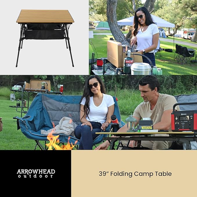 ARROWHEAD OUTDOOR 39" Aluminum Folding Camp Roll Up Table w/Adjustable Height, Undertable Mesh Storage, Carry Bag
