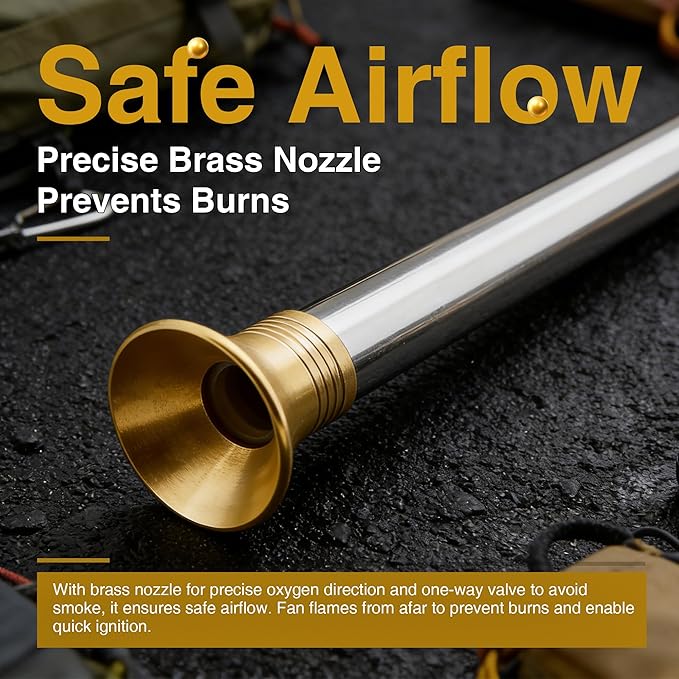 Telescoping Fire Blow Poker with Premium Brass Tip & Integrated Anti-Smoke Safety Valve | Perfect for Campfires, BBQ Grills, Outdoor Fire Pits & Fireplaces | Ultralight Camping Gear