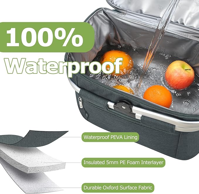 Tirrinia Large Insulated Picnic Basket, 34L Water-Resistant & Leakproof Collapsible Portable Cooler Basket with Aluminium Handle for Travel, Shopping, Camping, Foldable Grocery Bag, Grey