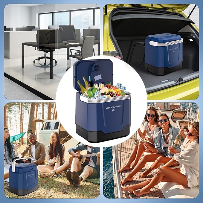 35 QT (33 L) Electric Cooler & Warmer, Portable Car Refrigerator With Automatic Locking Handle, 12V Car Cooler for Vehicle & Trucks, 110V AC Home Power Cord, Plug In Coolers,Blue