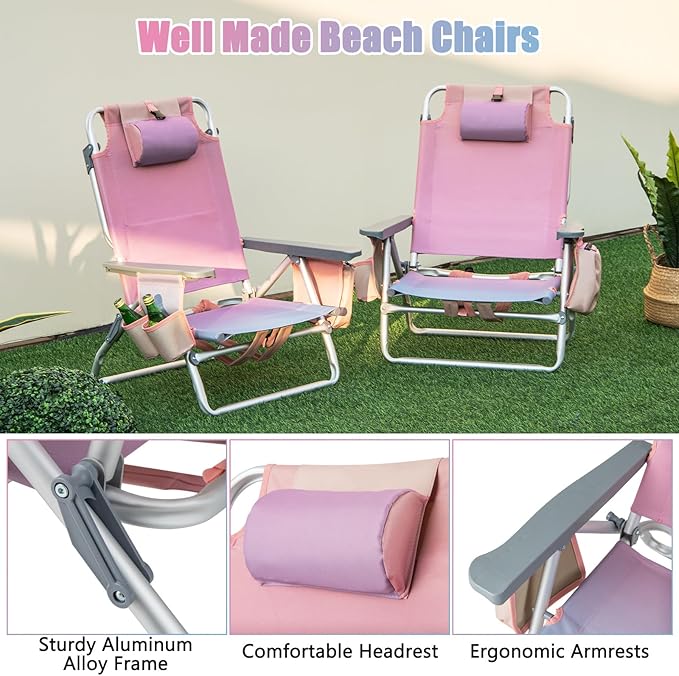GYMAX Beach Chairs, Backpack Camping Chair with Armrest, Cooler Bag, Cup Holder, Towel Bar & Side Pockets, Sunbath Sling Tanning Lounge, Folding Layout Chair (Without Table, Pink)