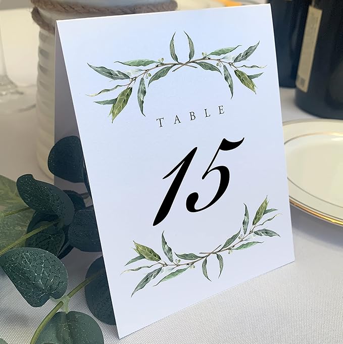 Laurel Wreath and Greenery Wedding Table Numbers, 1-125, Double Sided, Tent or Use in a Stand, Great for Parties & Restaurants - Made in the USA