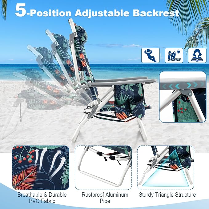 Giantex Folding Beach Chair, Patio Sling Chairs with 5 Adjustable Position, Head Pillow, Storage Bag, Towel Bar, Cup Holders, Backpack Chairs for Sunbathing, Camping Chair