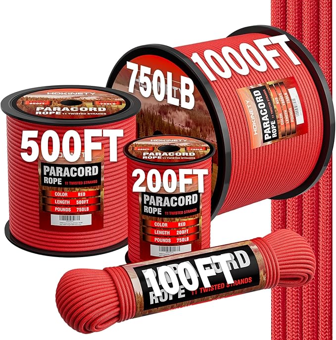 Paracord Rope 750 - Parachute para Cord 4mm 11 Strand Spool Rope Utility Nylon String for Outdoor Camping Survival Utility Tent Crafting DIY Projects - Red 500ft
