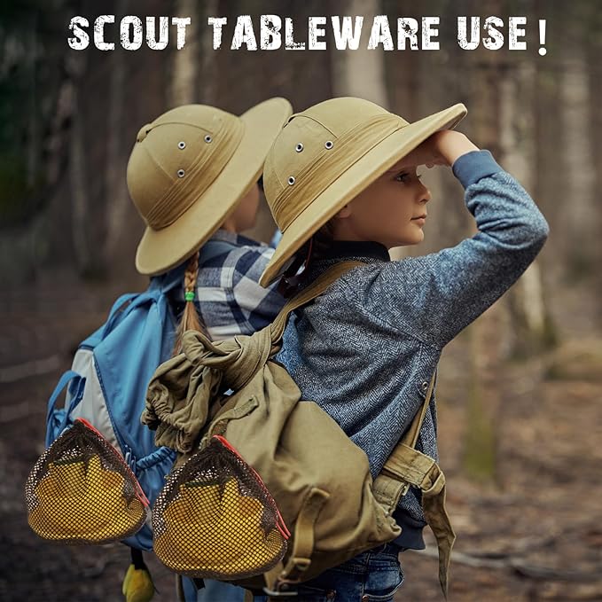 Scout Camping Mess Kit for Person Boy Scout Dishes Set Girl Scout Mess Kit with Mesh Bag Reusable Light Weight Eating Utensils Plastic Camping Cutlery Set for Travel Camp