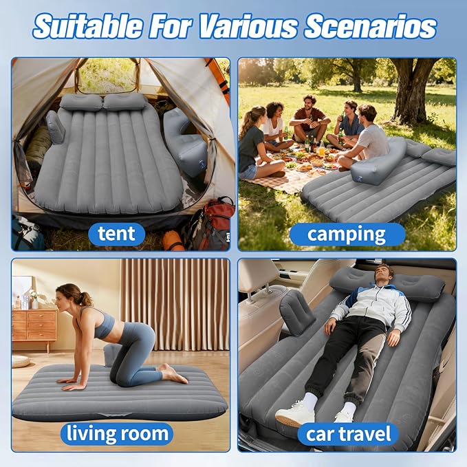 Inflatable Car Air Mattress Back Seat Bed with Air Pump,53 "x 32.6" Portable Thickened Car Travel Camping Sleeping Air Mattress Blow Up Bed for Car Universal SUV