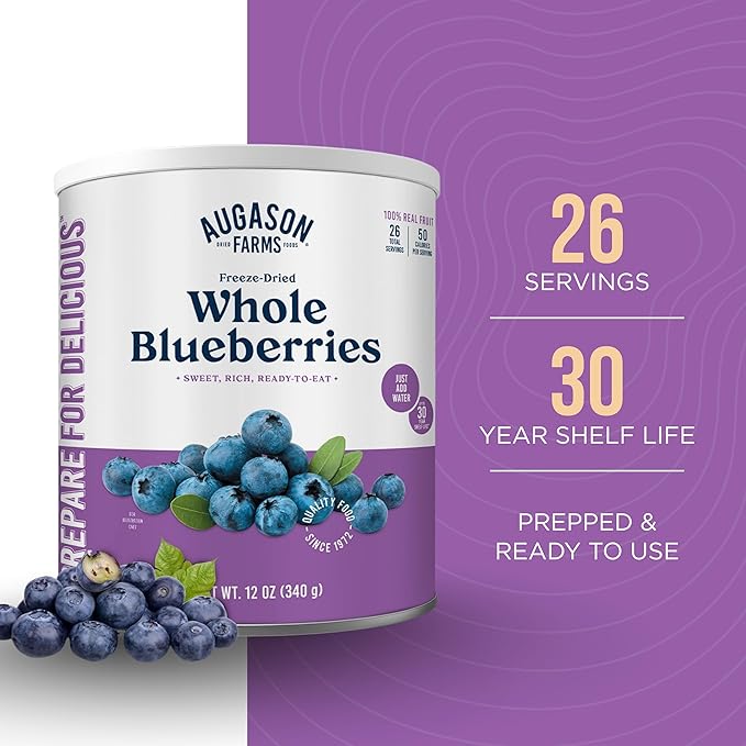 Augason Farms Freeze-Dried Whole Blueberries Emergency Food Supply, 26 Servings, 30 Year Shelf Life, Great for Cooking, Baking, and Snacks - Dehydrated Meals, Survival Food Camping Essentials Can