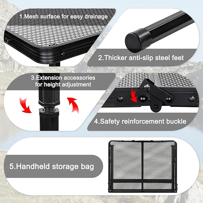 Folding Grill Table Camping Table with Mesh Desktop, Lightweight 3 FT Metal Table for Outside, Height Adjustable Portable Grill Tables for Camping, Picnic, Beach and BBQ, RV