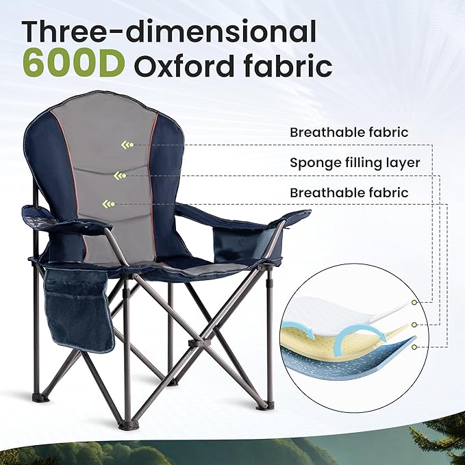 Folding Camping Chairs for Adults - High Back Padded Outdoor Lawn Chairs with Lumbar Support & Cup Holder (Blue & Gray, 1 Pack)