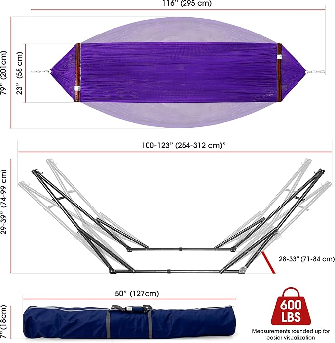 Tranquillo Collapsible Hammock Stand, Folding Camping Hammock and Stand, 600 lbs Capacity Double Hammock Stand for 2 Persons, Heavy Duty Folding Hammock for Indoor Outdoor, Quick Assembly, Purple