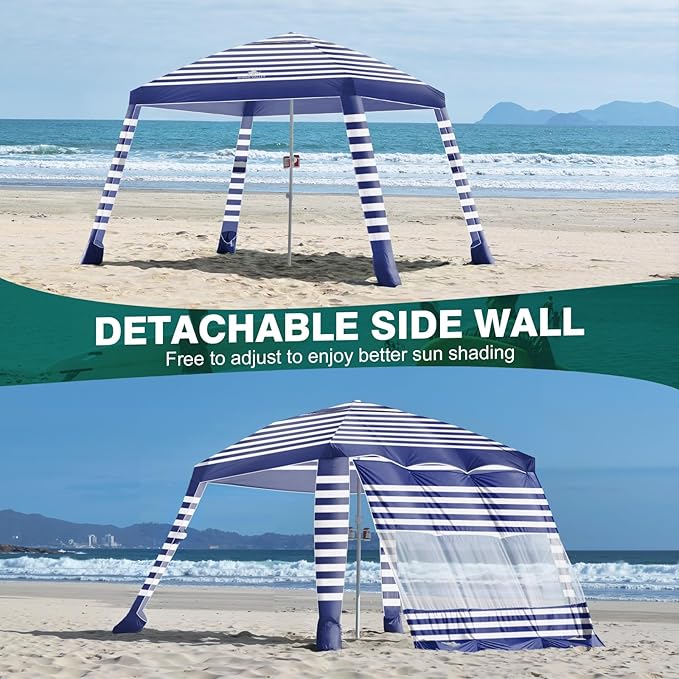 Rhino Valley Beach Cabana, 8 * 8FT Beach Tent UPF50+ Protection, Easy Setup Beach Canopy Wind Resistant with Cup Holder, Compact Beach Shade Foldable Beach Tent Sun Shelter, Blue Stripes