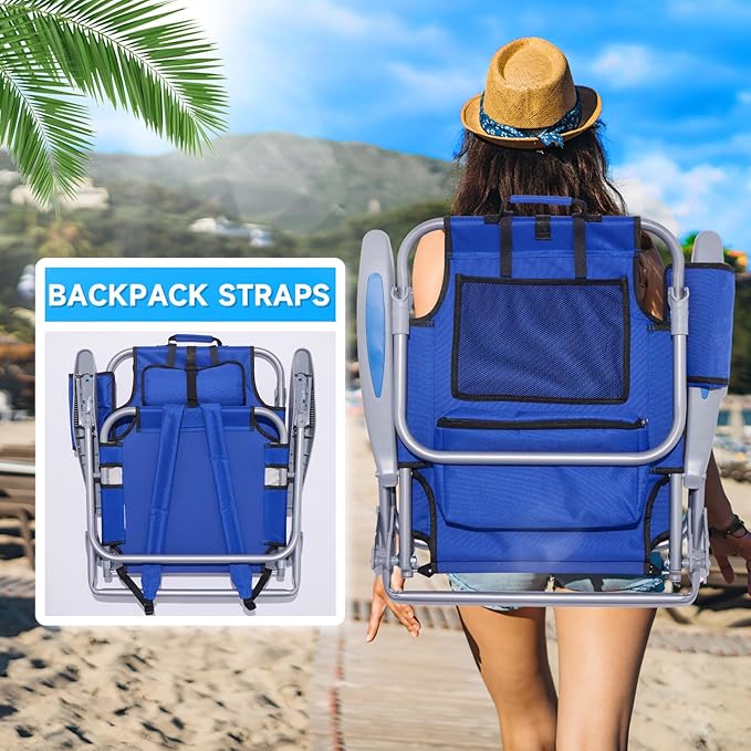 2PC Portable Beach Chair for Adults, 5 Position Backpack Folding Camping Chairs for Outdoor, Beach Chairs with Backpack Straps, Blue