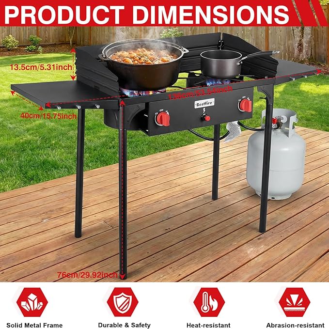 Bestfire 2 Burner Camping Stove with Windpanel& Side Shelves, Bag, Auto Ignition Button,Regulator,150,000 BTU High Pressure Camping Stove Propane Burner With Removable Legs for Outdoor BBQ&Backyard