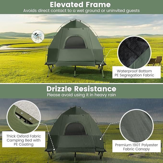 Safstar 5-in-1 Tent Cot, Camping Cot Tent with Air Mattress, Sleeping Bag, Camping Cot, Awning & Air Pillow, Carrying Bag, Off The Ground Tent, Elevated Tent Cot for Camping Hiking Picnic Travel