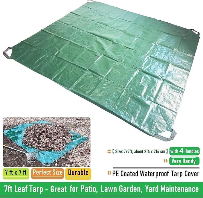 7x7 Ft Yard Garden Leaf Tarp W/ 4 Handles Waterproof Tarp for Sandbox Cover,Outdoor Tarpaulin,Lawn Debris,Landscape Pruning,Leaf Hauler,Tent Footprint,Camping Tent Mat,Patio Table,Yard Fire Pit Cover