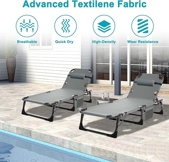 ABORON 5 Positions Camping Cots for Adults,Outdoor Folding Sleeping Cot/Mat,Folding Chaise Lounge Chair with Pillow,Portable Reclining Chair for Beach Lawn Camping Pool,Sunbathing Chairs