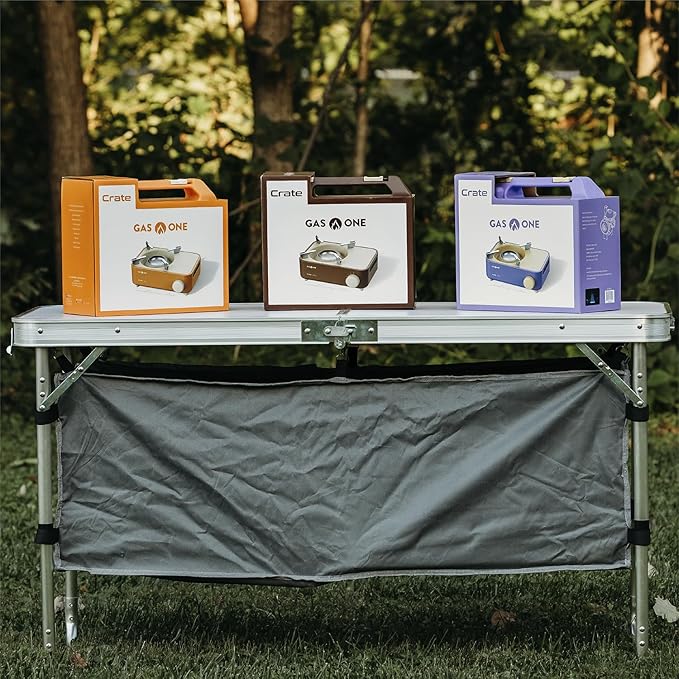 Gas One Butane Fuel Camp Stove – Crate Series - Mini Stove for Camping, Hiking – Portable Gas Stove with Spiral Flame – Even Heat Distribution – Modern and Easy to Use (Orange)