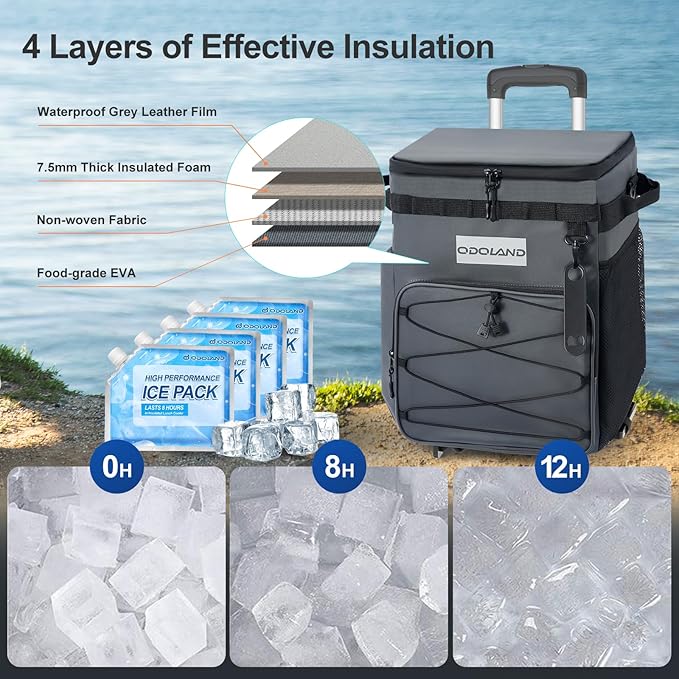 Odoland 48/72 Can Rolling Cooler Bag with Wheels & Handle, Collapsible Insulated Ice Chest for Beach, Camping & Tailgating - Portable Travel Soft Cooler on Wheels, Collapses for Easy Storage