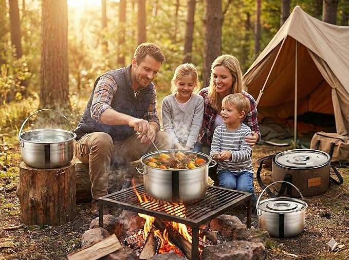Camping Cookware Set - Compact Stainless Steel Campfire Cooking Pots and Pans | Combo Kit with Travel Tote Bag | Rugged Outdoor Cook Set for Hiking | Barbecues | Beach