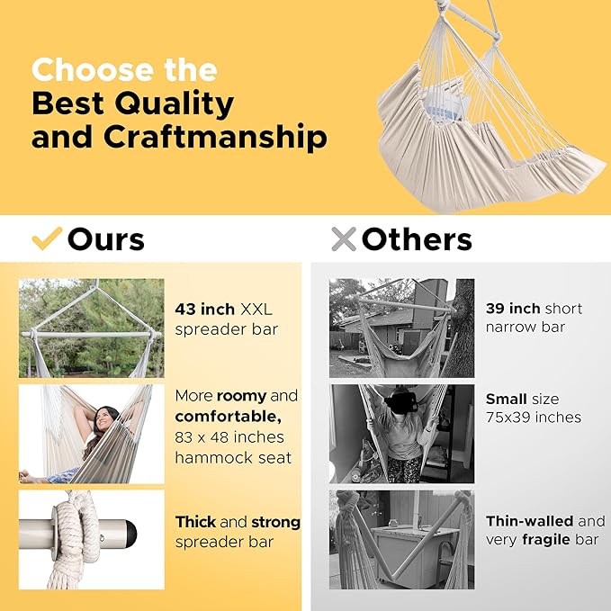 ADVOKAIR Hanging Hammock Chair Large Swing Chair with Foot Rest and Hardware,Max 500lbs,Steel Spread Bar with Anti Slips, 2 Cushions and Side Pocket,Indoor/Outdoor Use…