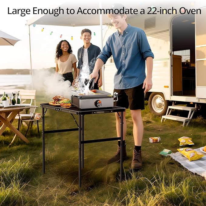 Anbte Portable Grill Table Max 29.5", 2 Adjustable Heights Folding Camping Table with Heat-Resistant Mesh Tabletop &Portable Handle, Waterproof, for Cooking BBQ Outdoor Patio, 31" X 22", Black