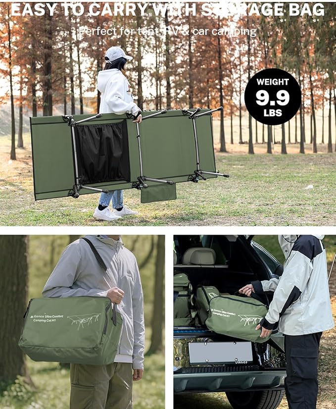 Gonex 31.5" Extra Wide Camping Cot with Leg Extenders 2 in 1 Portable Folding Cot for Adults Height Adjustable Supports 350lbs Sleeping Bed for Backpacking Travel Beach Home (Army Green)