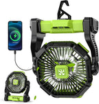Battery Powered Fan -Lash Fans with Led Lantern, Portable Rechargeable, Battery Operated for Mobile Phone, Hook 4 Speed Quiet Personal for Desk Fan, Travel, Fishing, Power Outage, Hurricane-Green