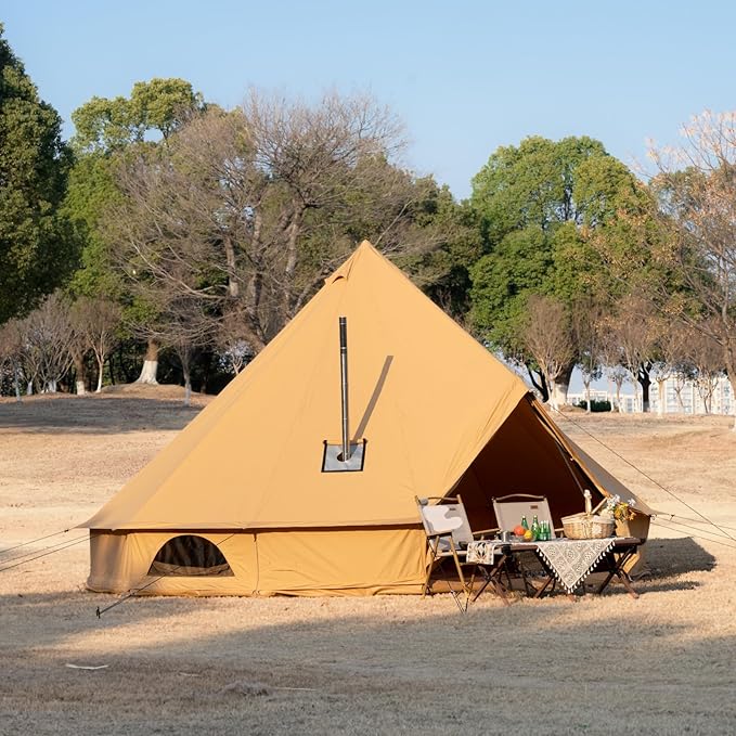 Cotton Canvas Bell Tent with Stove Jack, Roomy Yurt for Family Glamping Camping, 4 Season Tent with Zipped Removable Floor