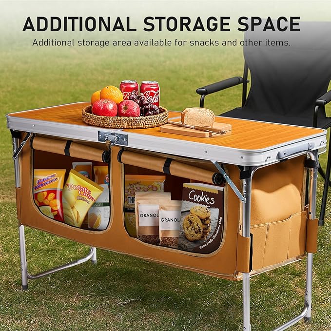 VINGLI 4 Ft Folding Table, Aluminum Camping Table, Picnic Table with Storage, Adjustable Height for Outdoor Beach BBQ Backyards Travel Party (Brown)
