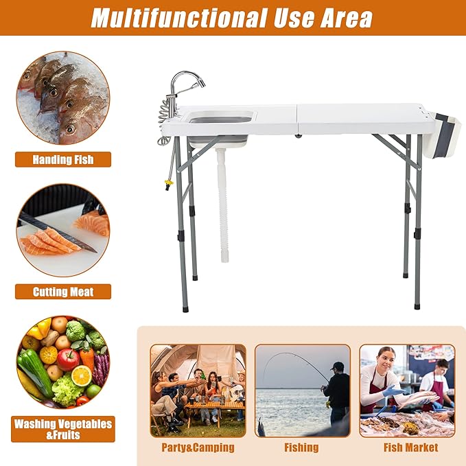 Spurgehom 50" Portable Fish Cleaning Table with Sink&Collapsible Wash Basin, Folding Camping Table with Faucet, Sprayer, Gloves, Trash Can, Storage Bag, Foldable Picnic Table for Picnic Beach Patio