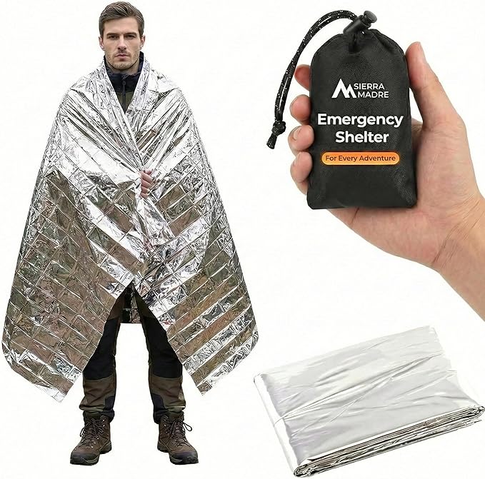 Sierra Madre Emergency Mylar Thermal Space Blanket for Survival – Waterproof Safety Shelter Retains 90% Body Heat – Ultralight & Compact Gear for Camping, First Aid & Prepper Supplies