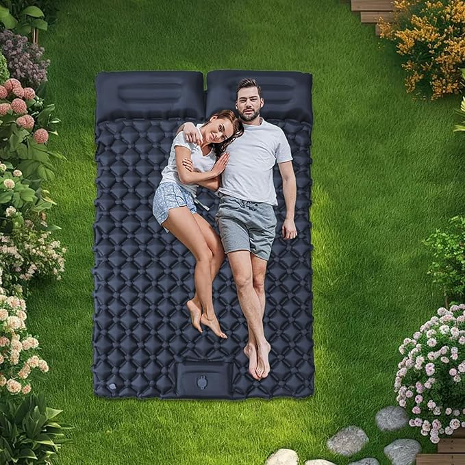 Inflatable Travel Mat with Built-in Pillow - Double Sleeping Pad, Compact Lightweight Gear for Camping Hiking Trekking Tent Backpacking Outdoor Adventures Rest Comfort Air Cushion