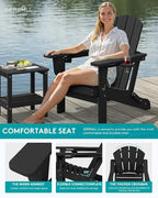 SERWALL Folding Adirondack Chair, Dual Cup Holders & All-Weather HDPE, Wood-Like Patio Chair for Backyard, Camping，Pool & Fire Pit- Black