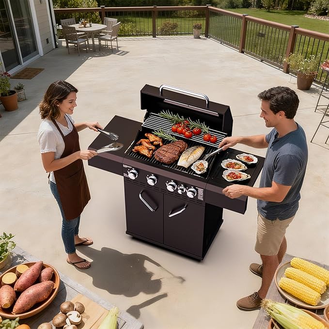 4 Burners Propane Gas Grill with Visual Glass, 50,000 BTU Propane Grill with Side Burner, Double-Layer Lid, Stainless Steel Grate,Outdoor Cook BBQ Grill for Patio, Camping, Backyard