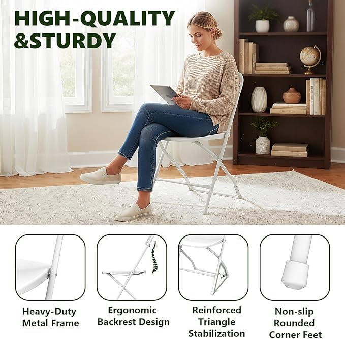 Folding Chairs 8 Pack, Plastic Folding Chairs for Outside, Heavy Duty Foldable Chairs, Sturdy Metal Folding Chairs, 350 lbs Capacity, for Patio, Garden, Camping, White