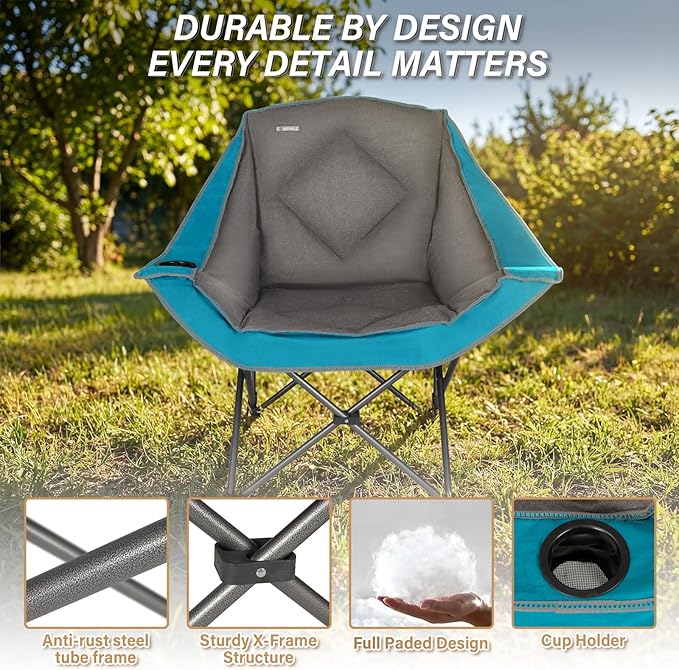 CAMPHILL Folding Camping Chair,Oversized Portable Camping Chair with Cup Holder,Heavy Duty Padded Lawn Chair for Camping,Tailgates,Beach,and Sports,Lake Blue