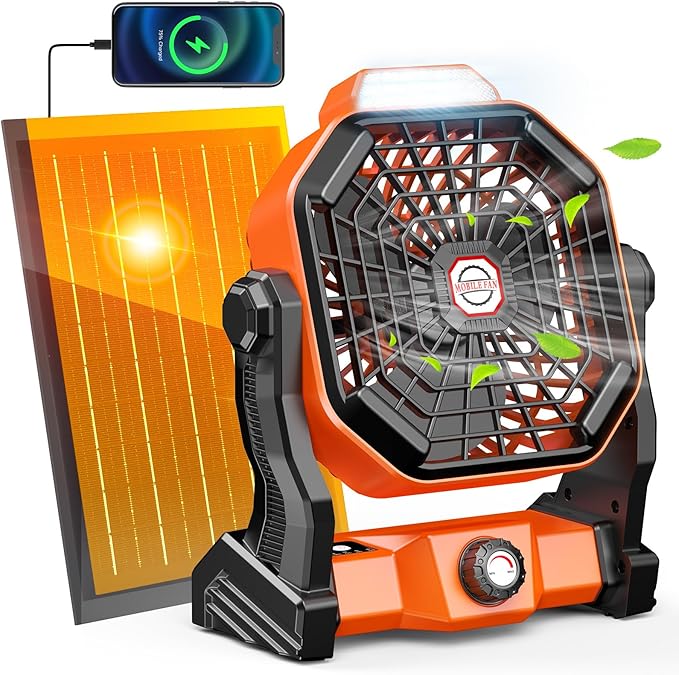 Rechargeable Solar Powered Fan,(30Hours Working) Solar Camping Fans & Led Lantern,8-inch Portable Fan with 7W Solar Panel, Battery Operated Powered Outdoor Tent Fans for Camping Essentials Accessories