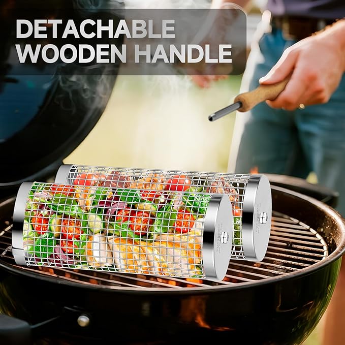 Rolling Grill Baskets,Removable Wooden Handle,304 Stainless Steel,Grill Accessories for Veggies Shrimp Meat,Kitchen Gadgets Fits Outdoor Cooking&Picnics,Camping Essentials,Ideal Festival Birthday Anniversary Gifts—2 Pack