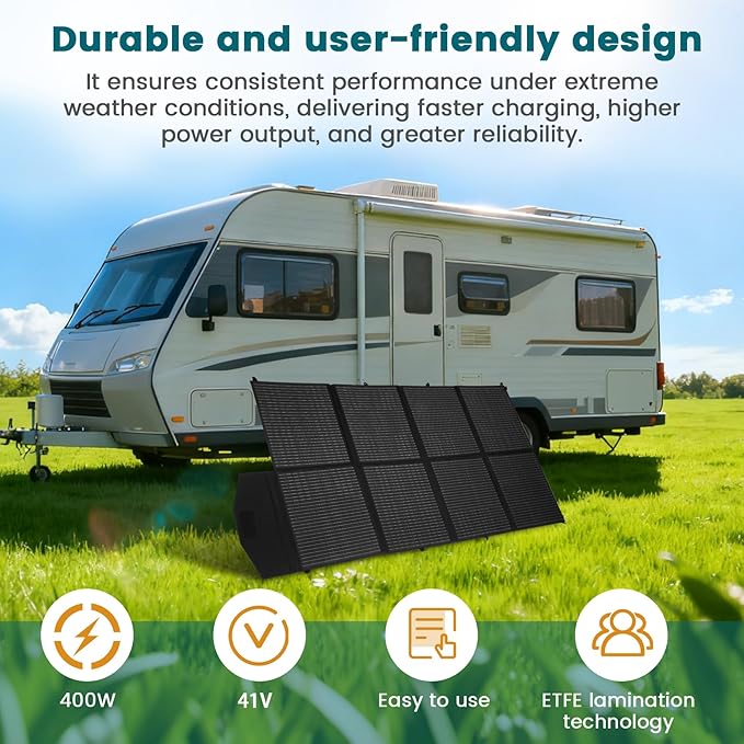400W Portable Solar Panel, with 4-in-1 Connector and MC4 Output, IP65 Waterproof with Adjustable Stand, 400W Foldable Solar Panel for Power Station, RV, Off Grid Blackouts, 23% High Efficiency
